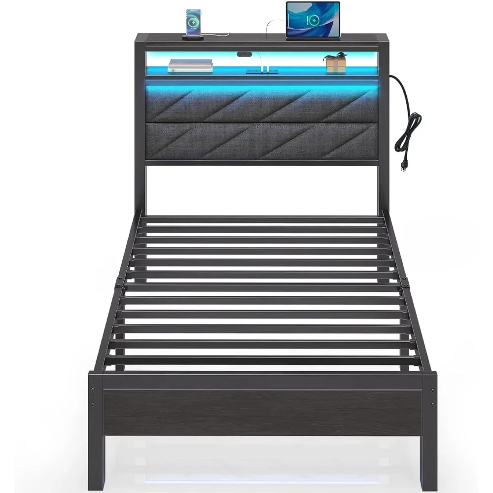 Double metal platform bed frame with charging station, LED bed with padded storage headboard, no need for spring mattresses