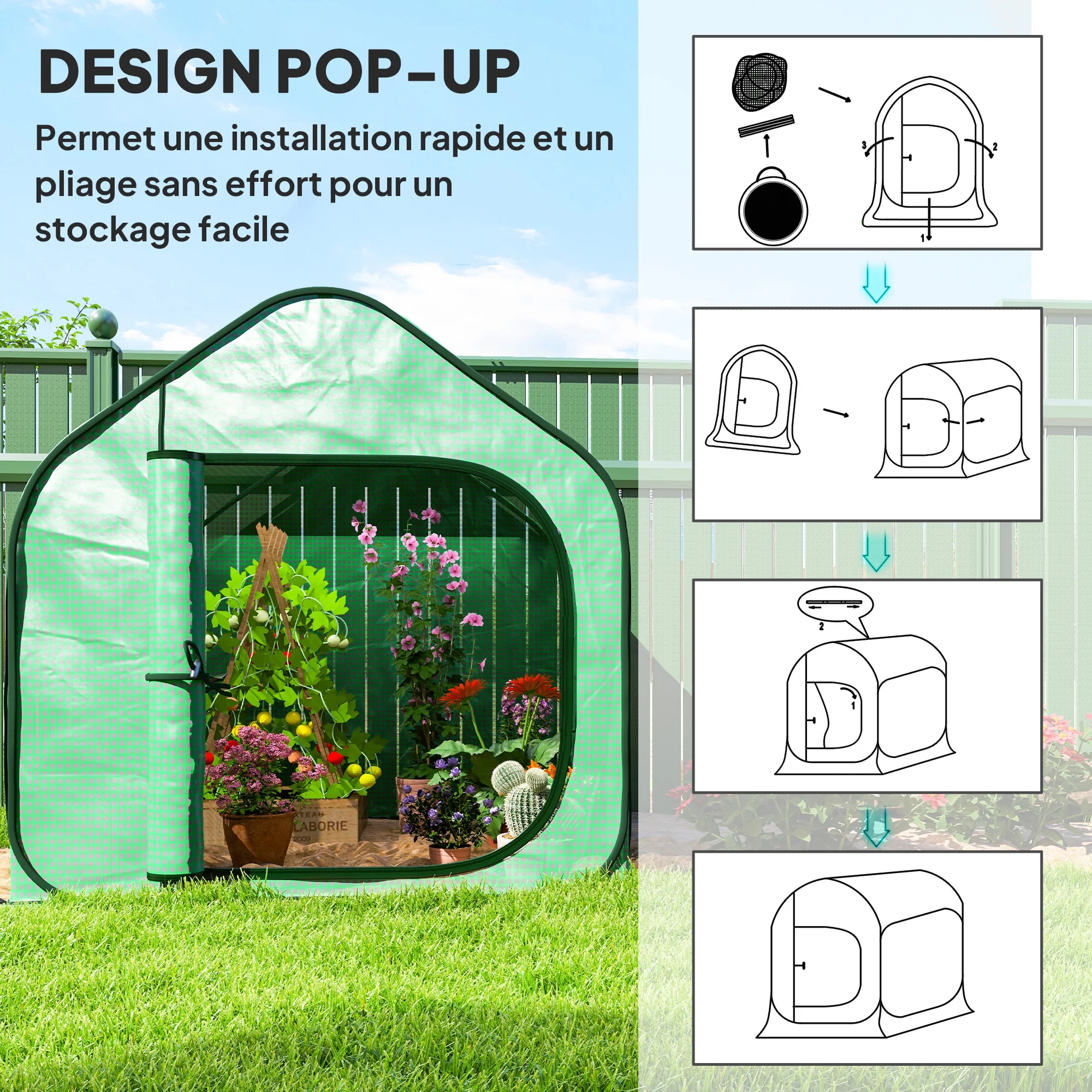 Mini invernadero plegable, pequeño invernadero para vegetales, plantas y flores con puerta con cremallera en PE, 150 x 148 x 148 cm, verde