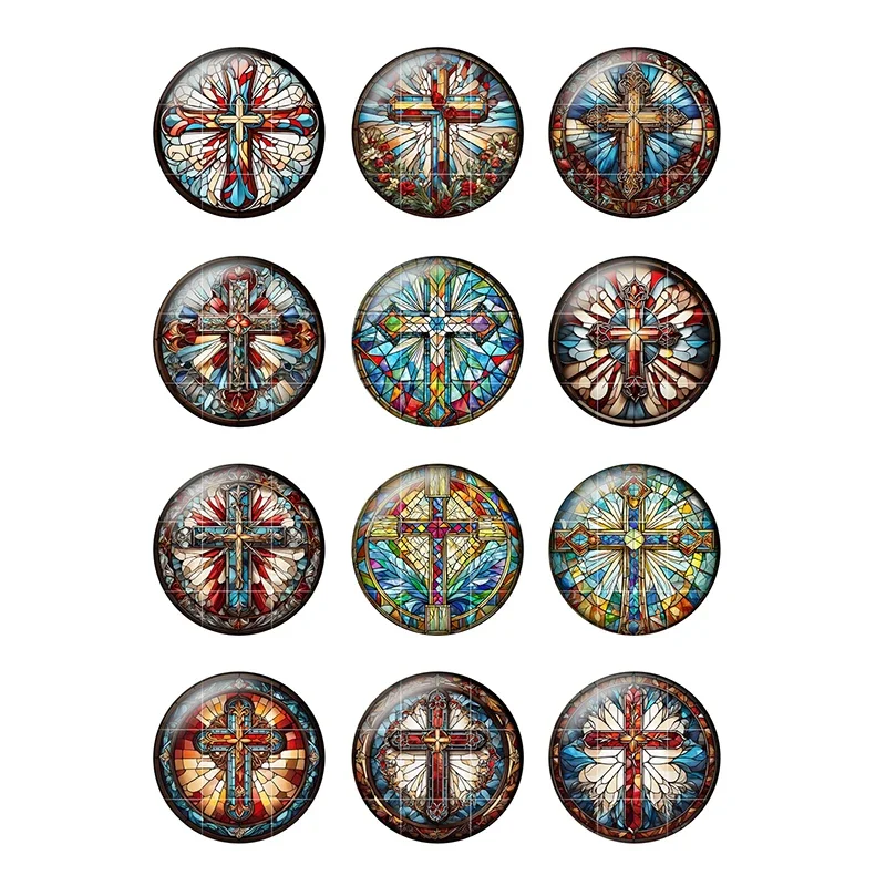 24pcs/lot Round Glass Cabochons 12mm 20mm 25mm Colored Cross Art Patterns DIY Jewelry Making Findings & Components  H184