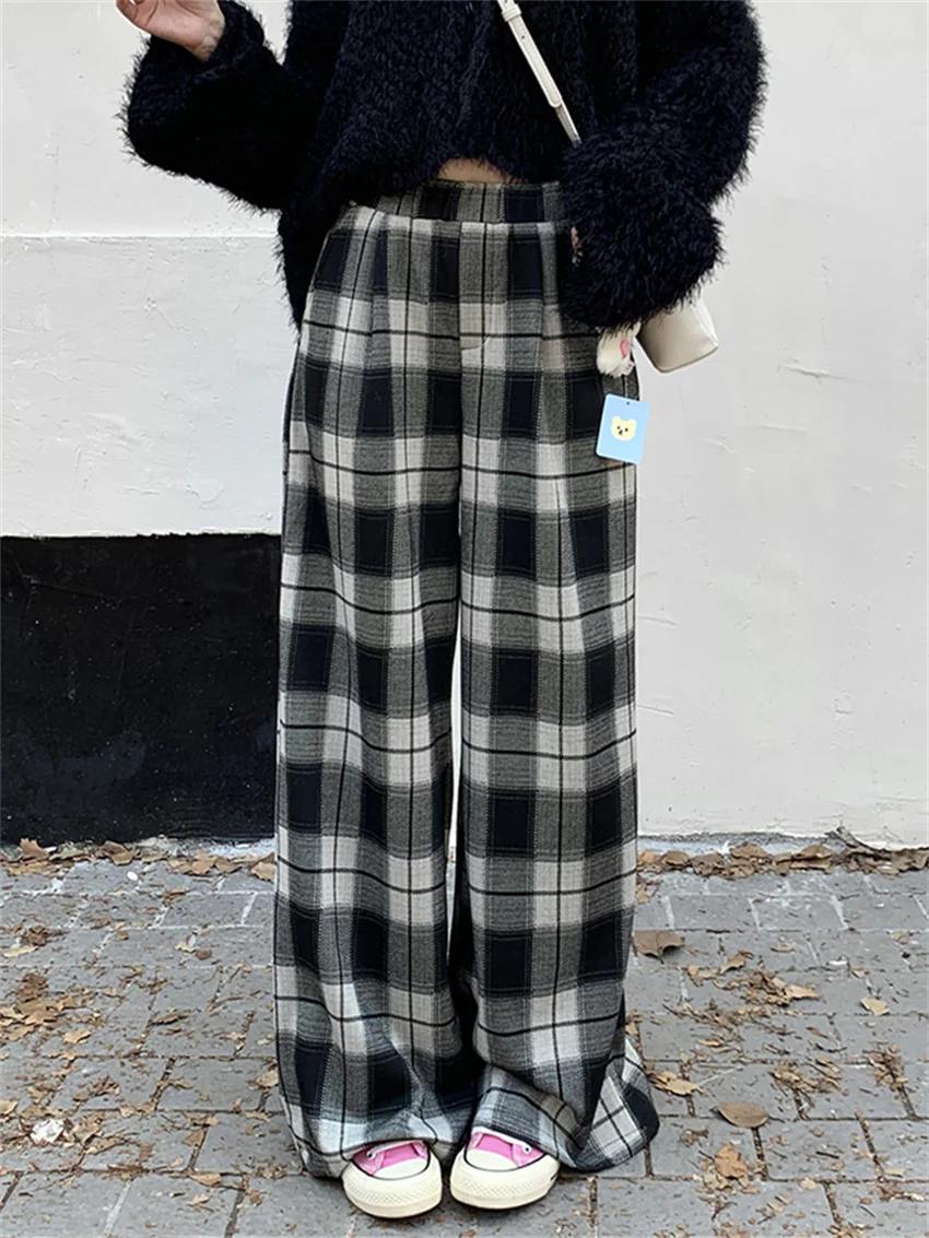 

Alien Kitty Women Casual Trousers Loose Autumn Chic Plaid Vintage 2023 High Waist All Match Straight Work Wear Wide Leg New