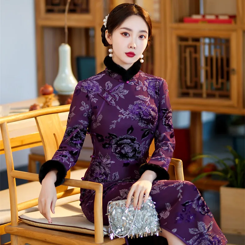 traditional-chinese-mandarin-fur-collar-long-qipao-dress-classic-print-flower-cheongsam-autumn-winter-thickened-oriental-costume