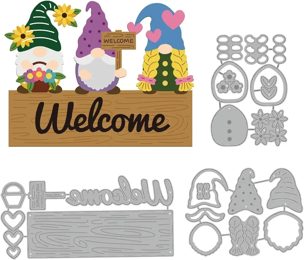 

3 Sets Welcome Gnomes Sunflower Cutting Dies for DIY Scrapbooking Metal Cheerful Santa Die Cuts Embossing Stencils Template