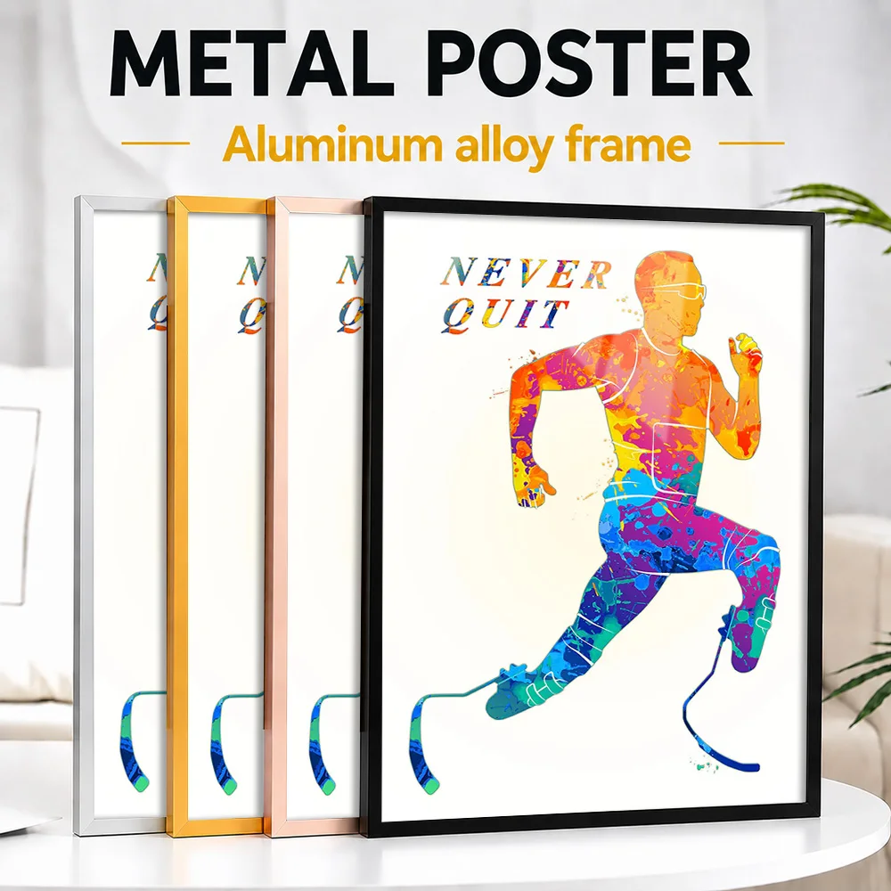 Never Quit Running Silhouette Framed Metal Print Personalized Paint Splash Wall Art For Sports Memorabilia Room, Runner Gift