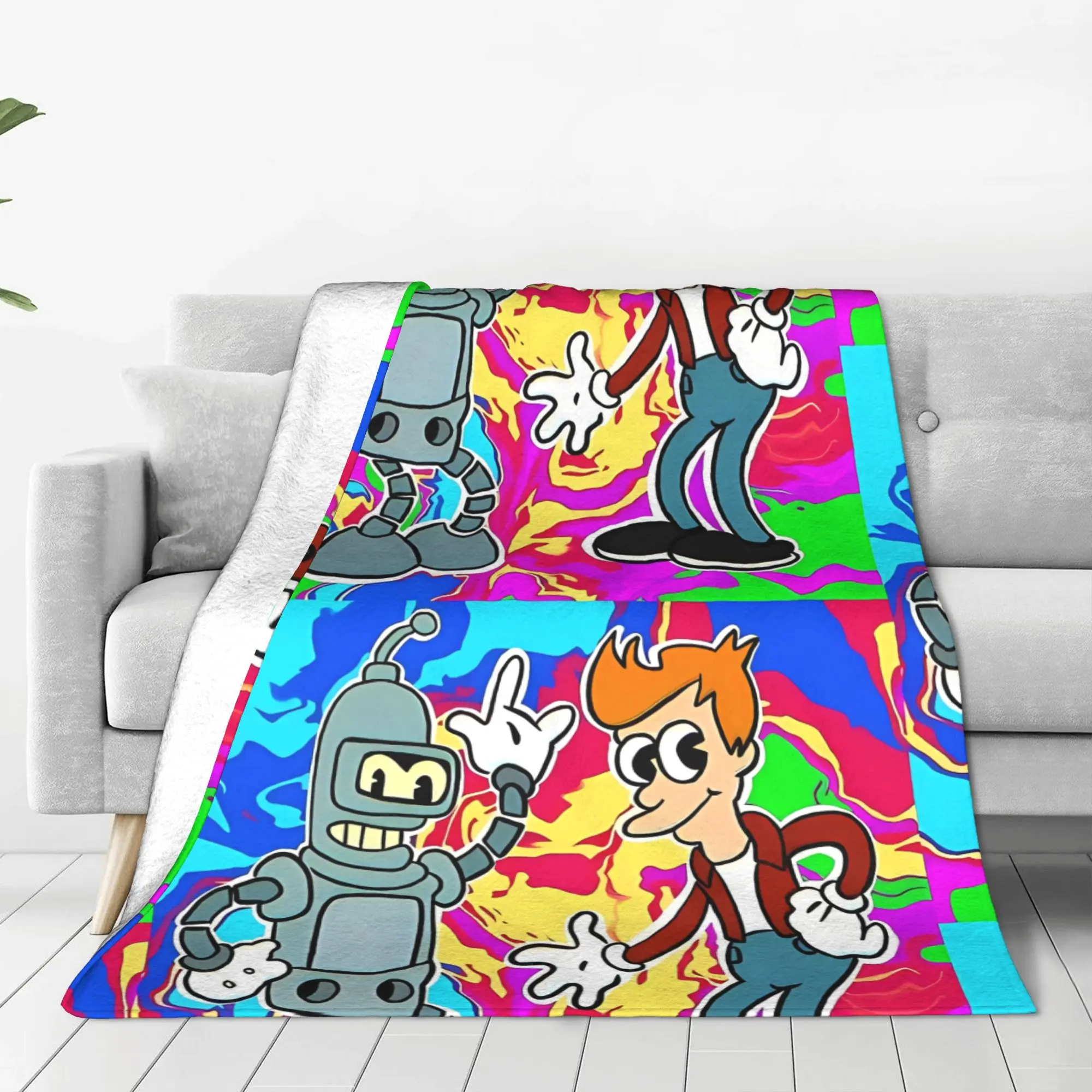 1PC Home Cute Room Decor BENDER AND FRY IN COLOR Blanket Throw Blanket Futurama Novelty Warm Blanket All Season