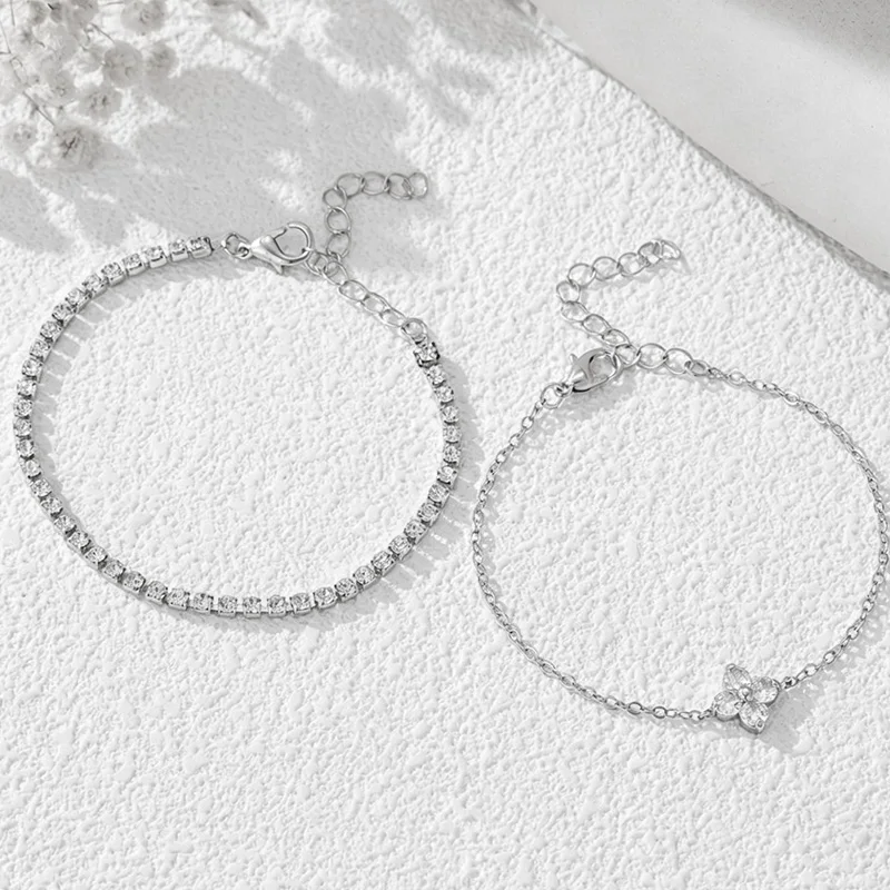 2er-Set Stapelbare Armbänder aus Edelstahl mit Kleeblatt-Design für Damen, Glänzendes Zirkonia-Tennisarmband-Set, Eleganter Schmuck – Detail 3