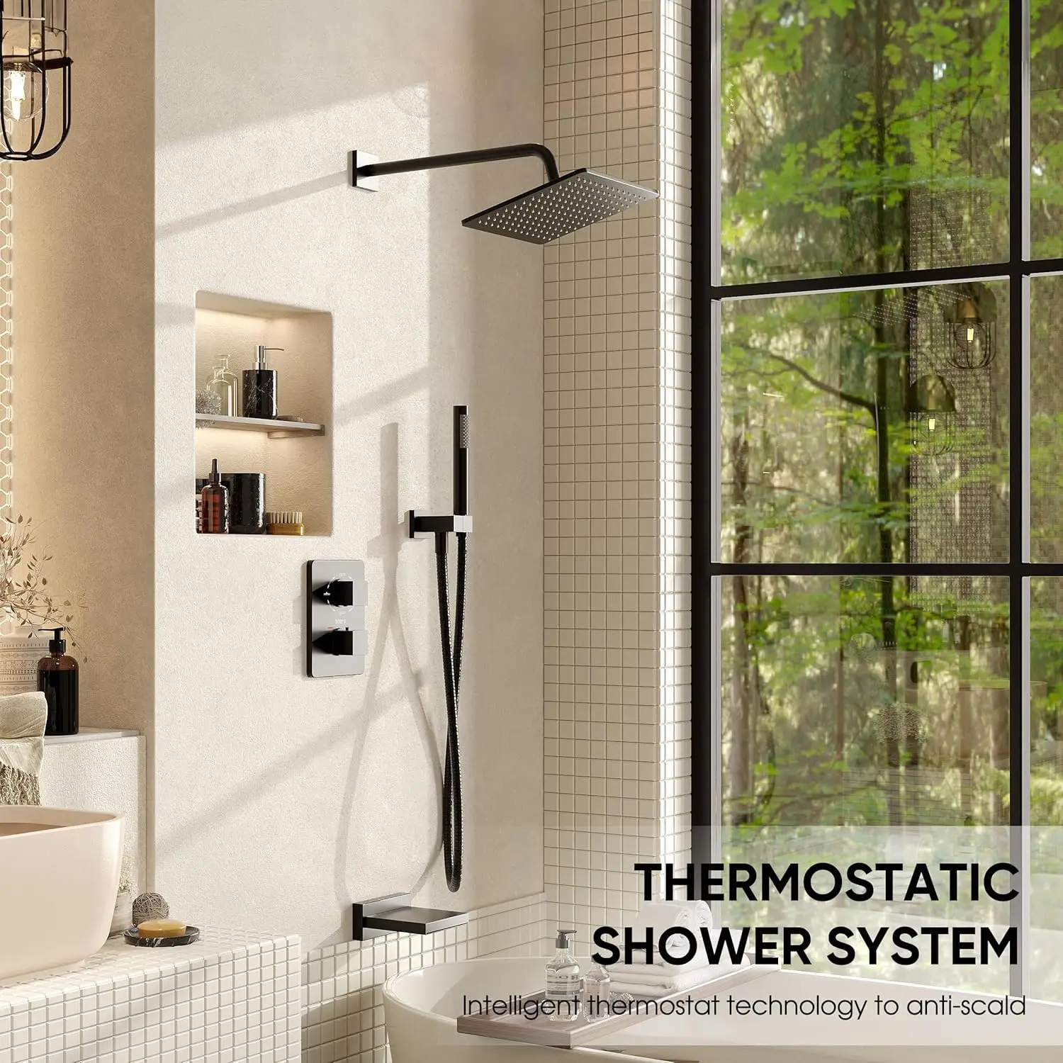 Esnbia Thermostatic Bathtub Shower Faucet Set, All Metal Tub Shower System With 3 Way Shower Valve, 10 Inches Rain Shower Head