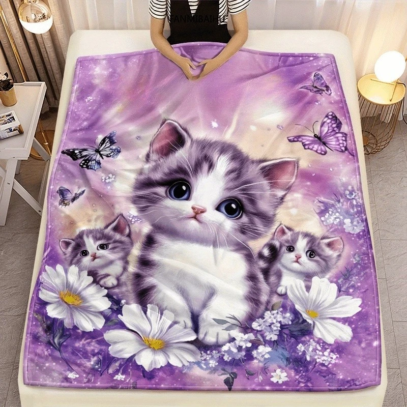 Purple Glitter Daisy Butterfly Kitten Flannel Throw Blanket, Personalized Soft Blanket for Girls Bedroom Holiday Gift