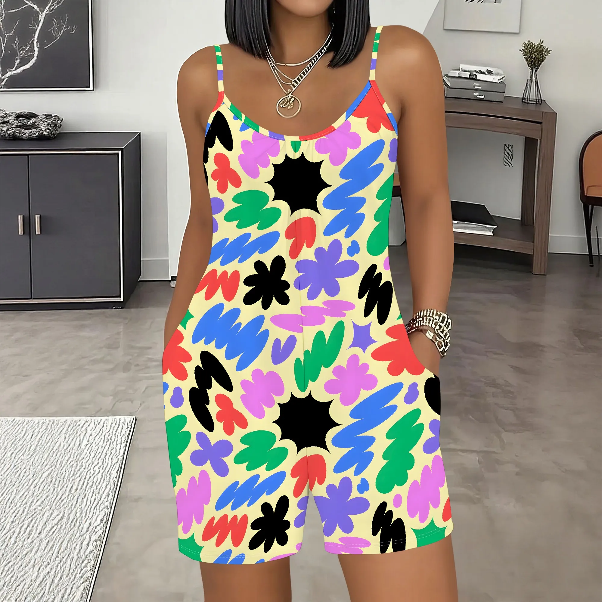 

Vibrant Abstract Print Romper, Colorful Floral Jumpsuit, Casual Beachwear with Pockets, Summer Vacation Outfit for Women, S-2XL