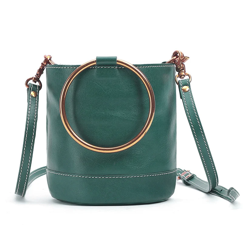 

Сумка-ведро из воловьей кожи с уникальной металлической ручкой-кольцом, стильный кошелек через плечо, женские классические простые модные сумки на плечо
