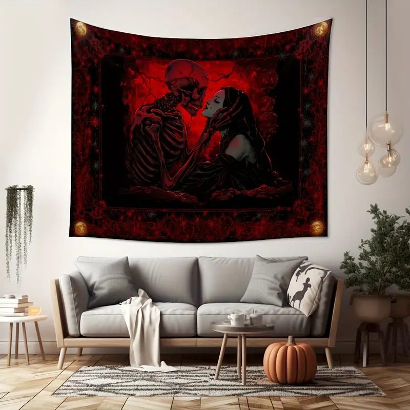 VIKAMA Gothic Skeleton Lover Tapestry Dark Red Skull Kiss Lady Wall Hanging Vintage Goth Aesthetic Bedroom Home Decor