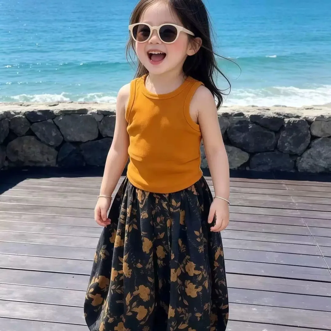 Girls Sleeveless I-Shaped Vest Loose Printed Long Pants Summer Casual Comfortable Breathable Clothing Set