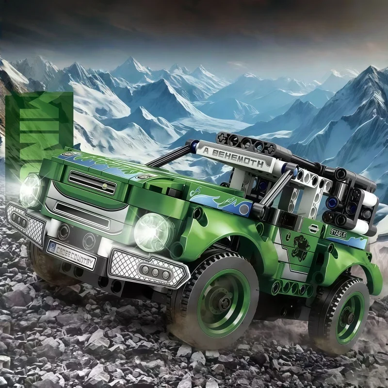 

Технический конструктор внедорожника из строительных блоков - классический дизайн внедорожника с багажником на крыше и декоративными узорами - игрушка для самостоятельной сборки