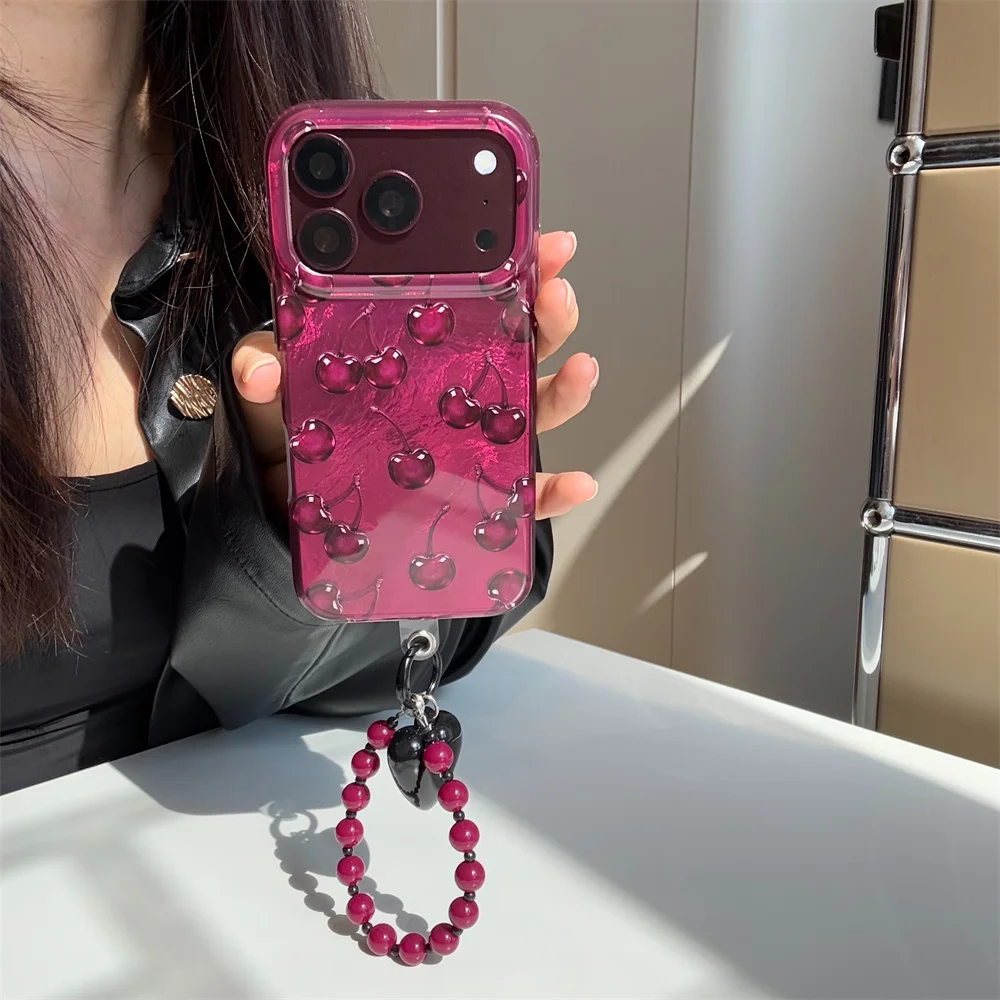 Korea Red Dots Cherries Phone Case For iPhone 18 Pro 17 16 15 Pro Max Back Cover Shockproof Cute Cases 18 Promax with Chain