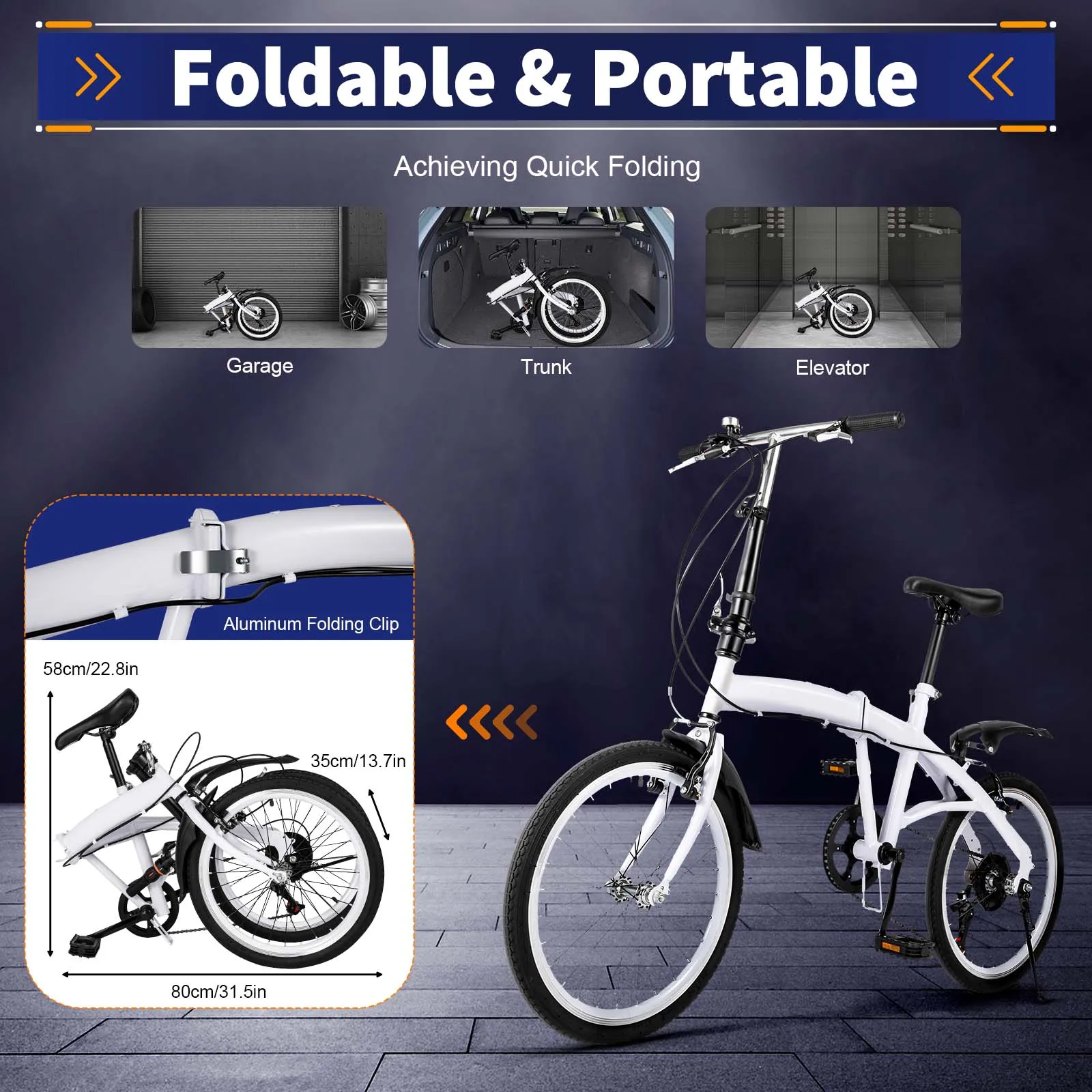 White Foldable Bicycle, 6 Speed Mountain Bike, Adjustable Height Bike for Adults Children, Carbon Steel Bicycle, Portable BIke