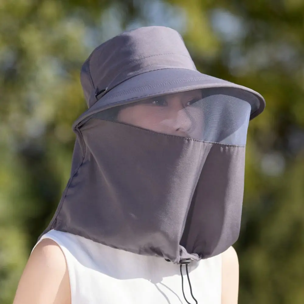 Portable Wide-Brimmed Fisherman Hat Solid Color Adjustable Shawl Mask Hat Face Cover Polyester Neck Protection Cap Jogging