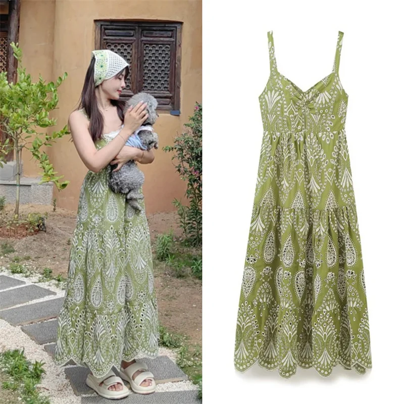 Vestido de mujer verano 2025 nuevo vestido Midi bordado con bloques de Color diseño de tirantes Sexy personalidad de la moda juvenil