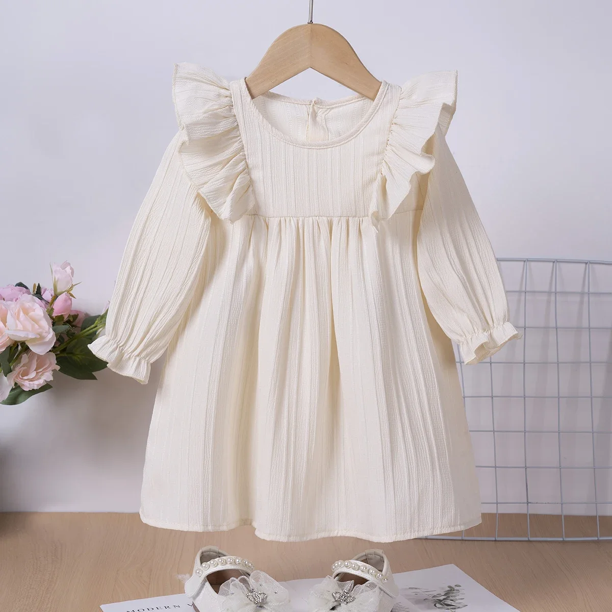 Baby Grace Girls Sweet Ruffle Trim Long Sleeve Dress, Holiday Going Out Casual Dresses, Gift Little Girl Dress Clothes