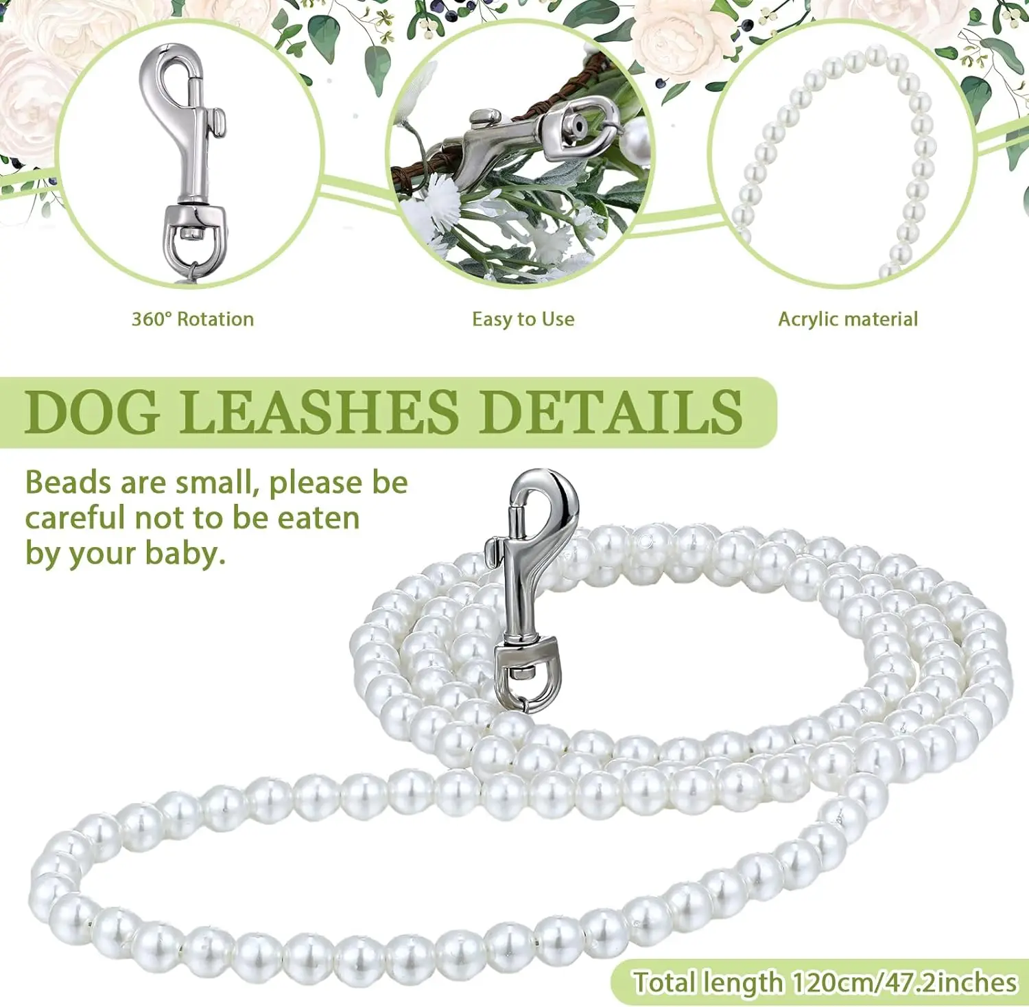 120cm 4ft Custome Pearl Beaded Dog Cat Leash Lead for Small Medium Dogs Puppy Wedding Birthday Party Pet Accessories