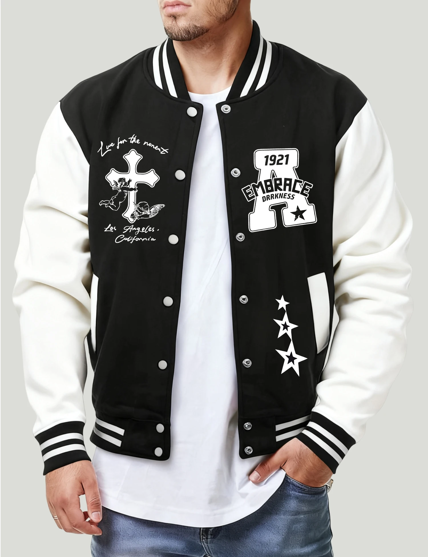 

1921 Embrace Drrkness A Printing Man Baseball Jersey Fashion Casual Jackets Loose Autumn Clothing Unisex Street Fleece Top