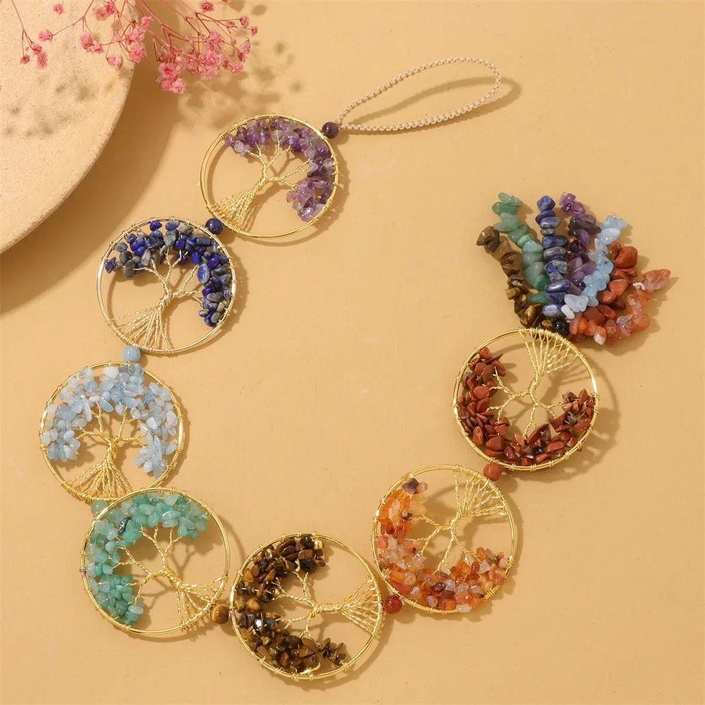 

Natural Irregular Beads Tree of Life Gold Color Winding 7 Chakra Crystal Car Pendant Healing Meditation Home Decoration Crafts