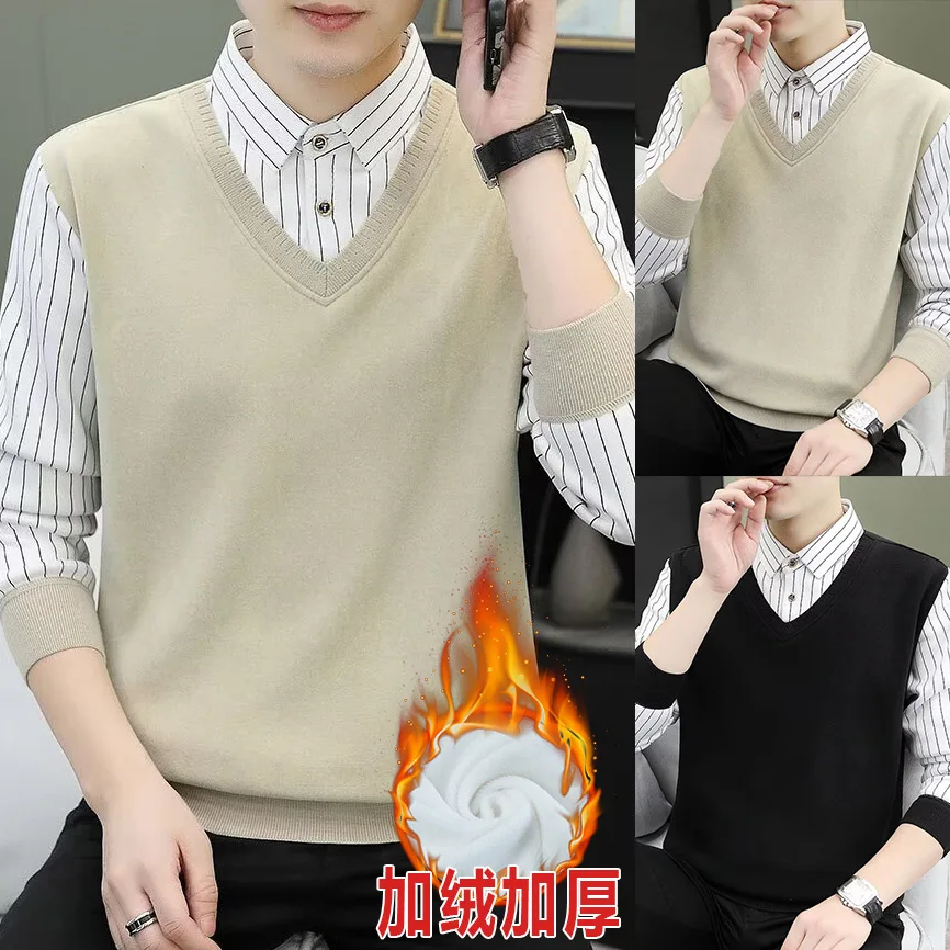 Fake Two-piece POLO Shirt Lapel Vest Shirt Splicing Knitted Sweater Men's Velvet Business