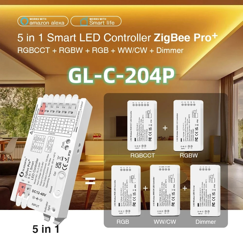 

Светодиодный контроллер GLEDOPTO ZigBee3.0 Pro, 5 режимов в 1, RGBCCT RGBW RGB CCT, диммер постоянного тока 12-48 В, 15 А, максимальная ШИМ, затемняющая светодиодная лента Alexa Tuya