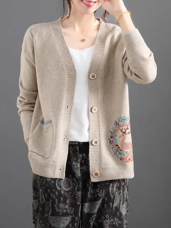 

Вязаный открытый кардиган в стиле ретро, женский длинный свек V-Ne, свободный повседневный топ, весна-осень, новинка, корейская версия, украшение на пуговицах