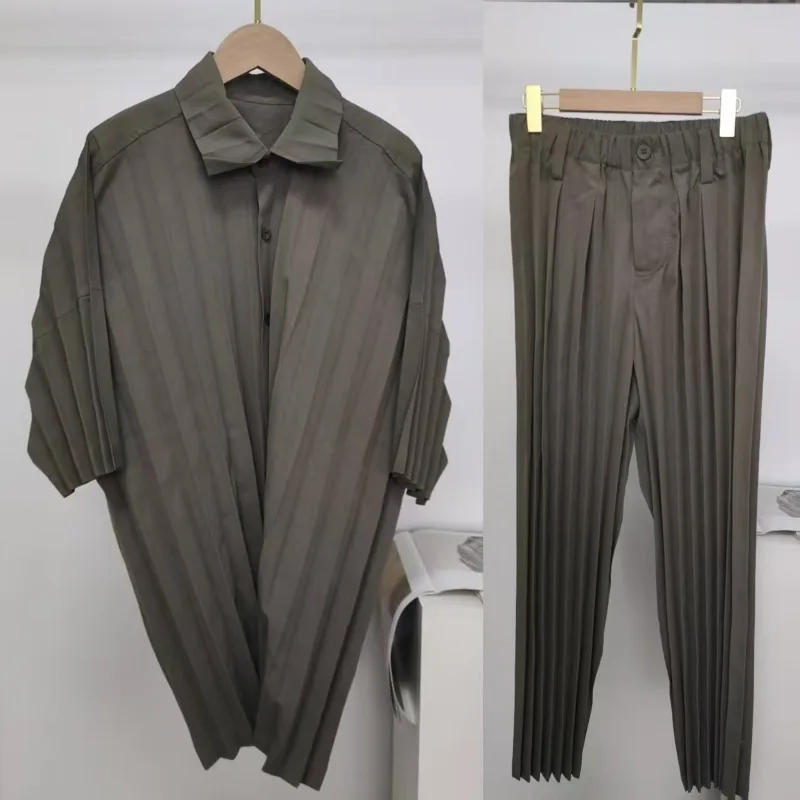 

Miyake Pleated Men's Suit Summer New Men's Pleated Blouse Cardigan Trousers Set Niche Designer Fashion Men Clothing 2025 New