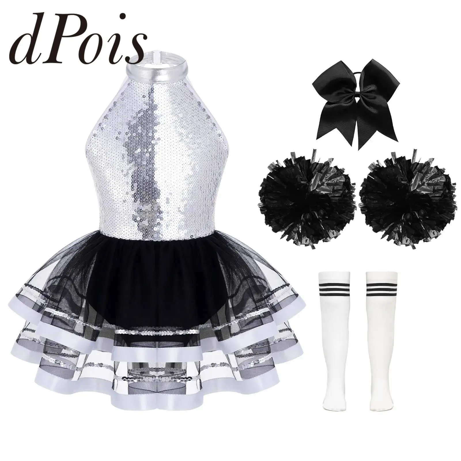 Kids Girls Sparkling Jazz Dance Costume Halter Sequins Backless Tulle Ballet Tutu Dress with Flower Balls Cheerleading Outfit