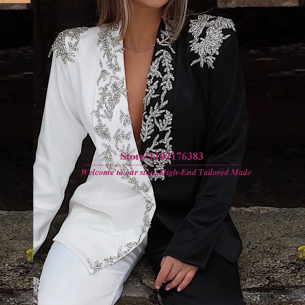 Trajes hechos a mano para mujer, Blazer de doble botonadura, cristales formales con cuentas, vestido de Madre de novia a medida, talla grande, negro/blanco