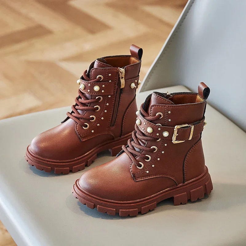 Botas de Otoño Invierno para niñas, botines para niños, botas de princesa con perlas y lentejuelas, zapatos informales antideslizantes para exteriores para niños, talla 26-36