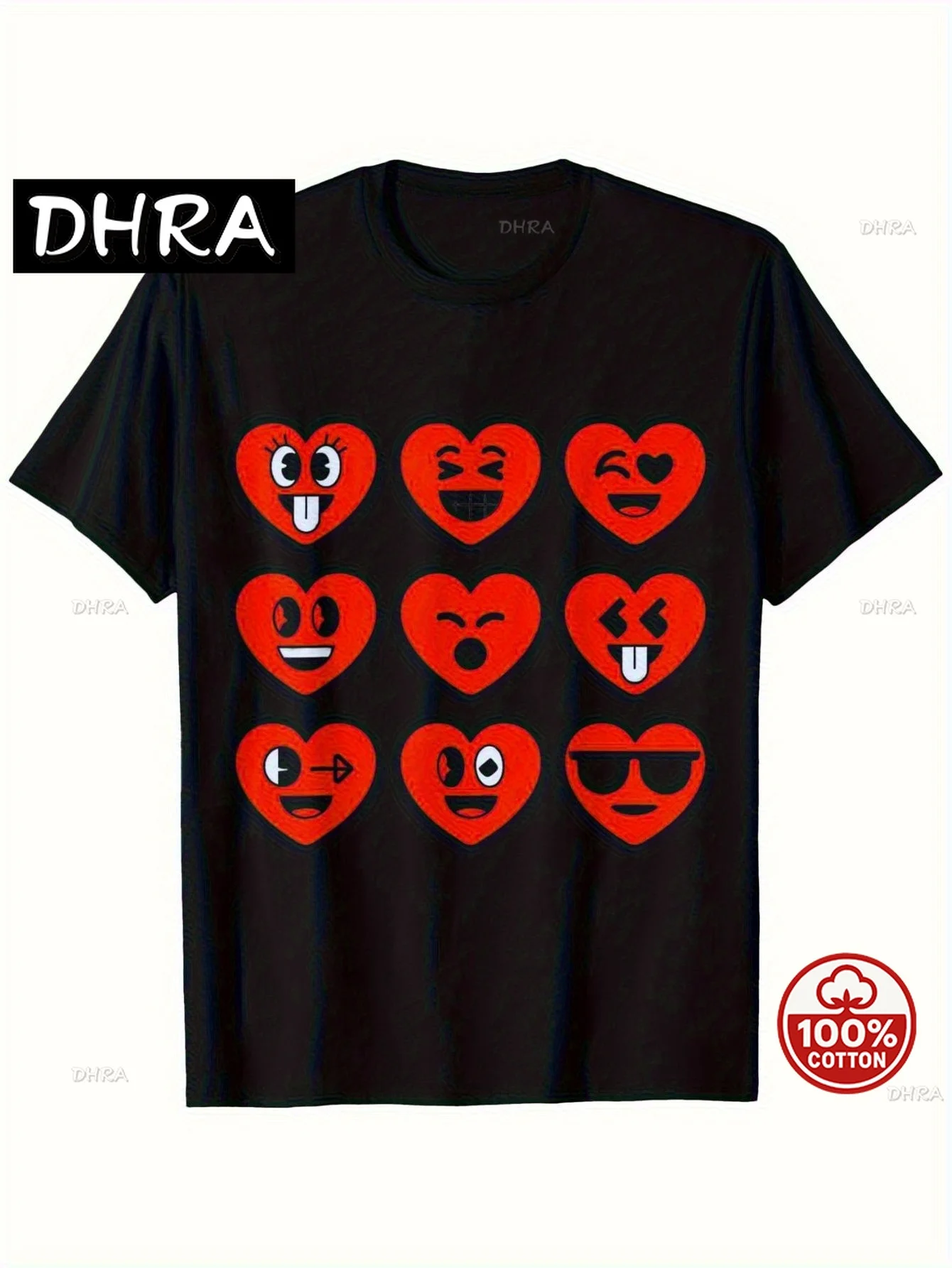 

Valentine's Day Fun Heart Pattern T-Shirt - Black Cotton Tee Style Tee O-neck Tops Printed T-shirt Top Playful style T shirt