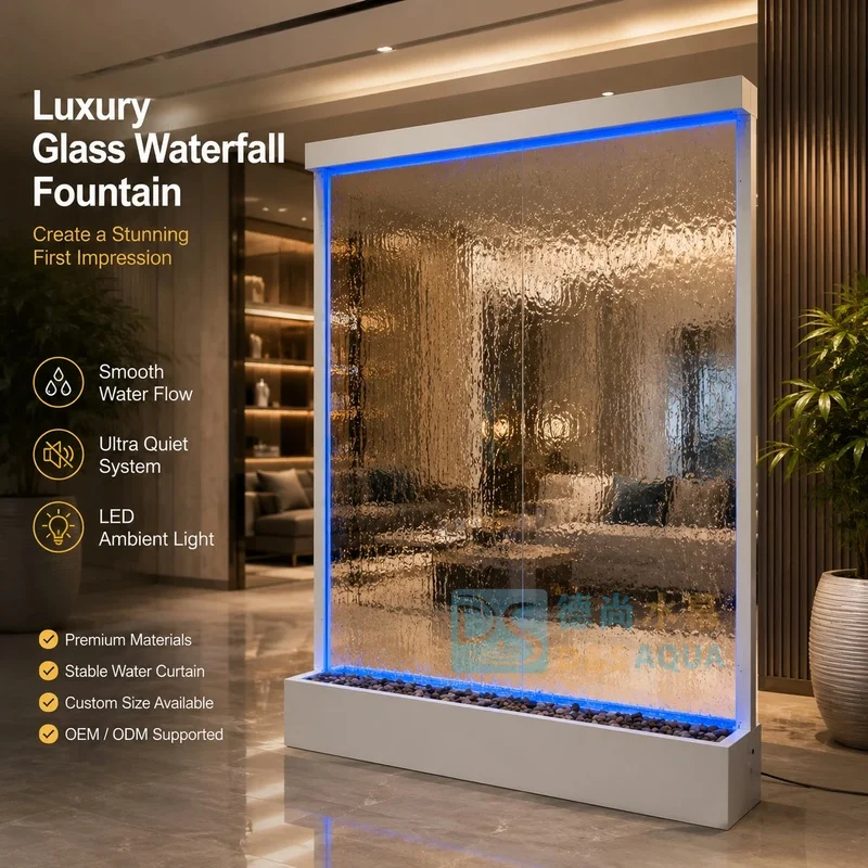 custom.Indoor Modern Decorative Glass Wall Fountain Stainless Steel Frame Structure Screen Partition Floor Standing