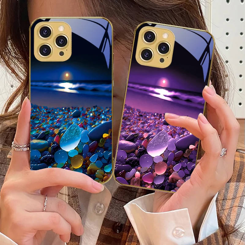 

Colorful stone seaside For IPhone 16 16Pro Max 15 P ro 14 13 Plus 12 Mini 11Pro Max XS Max XR Golden tempered glass phone case