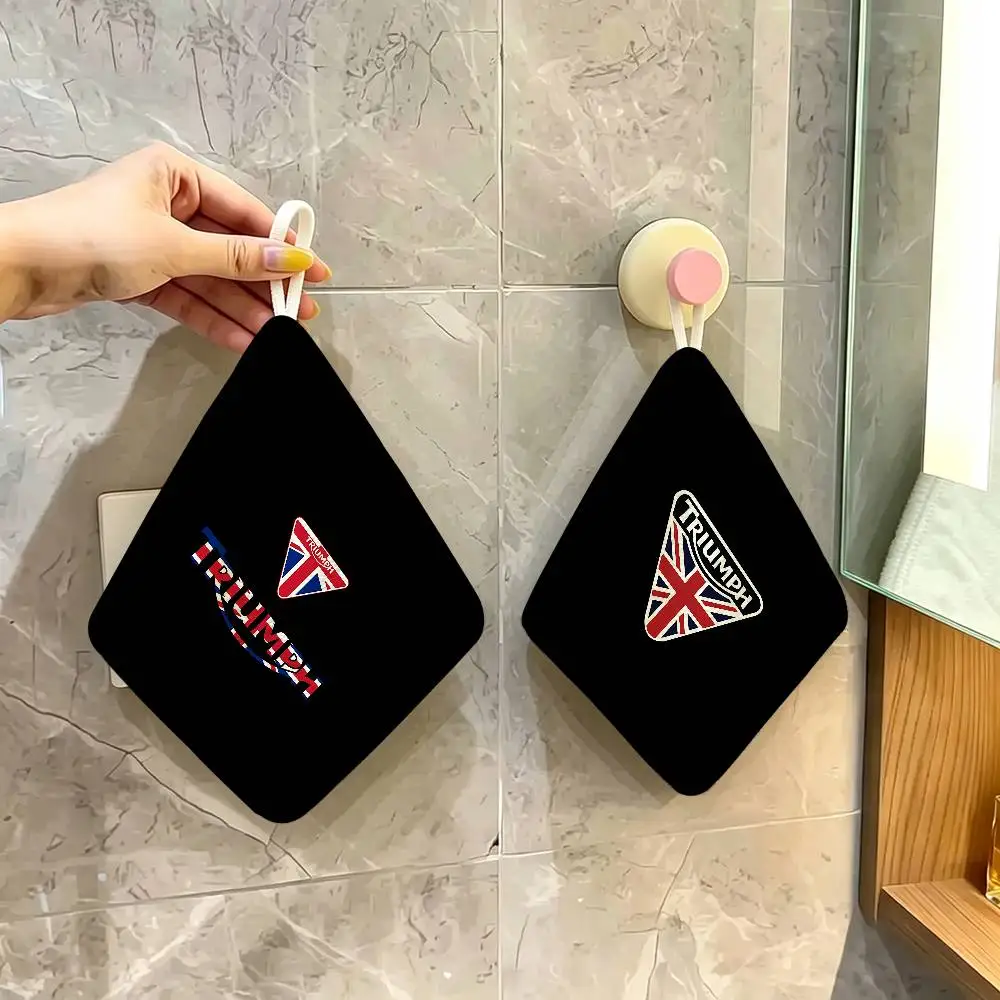 T-Triumph Motorcycle Logo Hanging Design Hand Wiping Towel, Polyester Cotton Fabric, Universal for Bathroom Kitchen