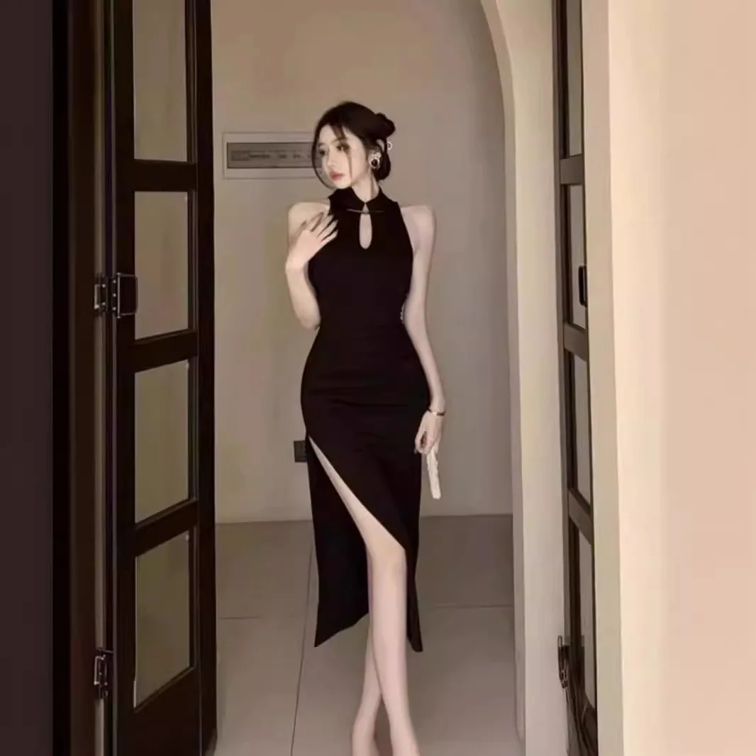 New Chinese Style Sexy Vintage Split Bodycon Dress Women's Slimming Waistline Elegant Skirt Short Sleeve Casual Summer Dress