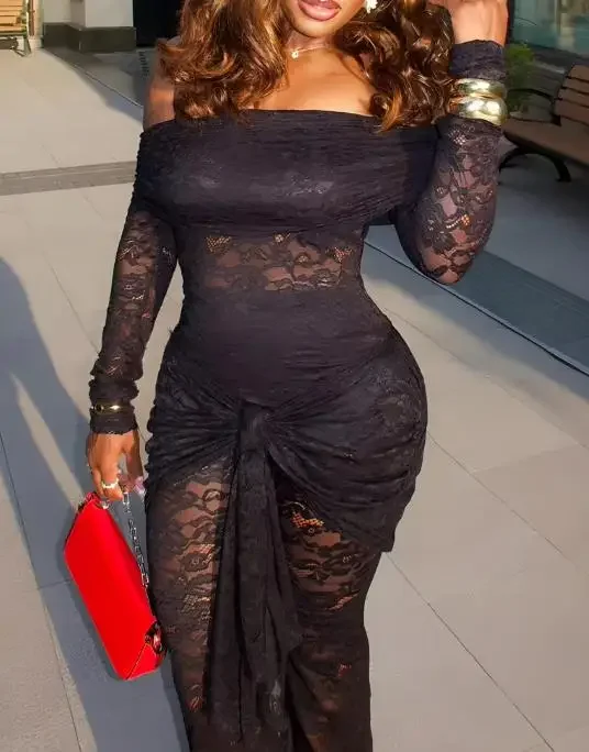 Women's Fashion Slimming Long Jumpsuits Off Shoulder Long Sleeve Tied Detail Lace Overalls for Women Sexy Ruched Flared Jumpsuit