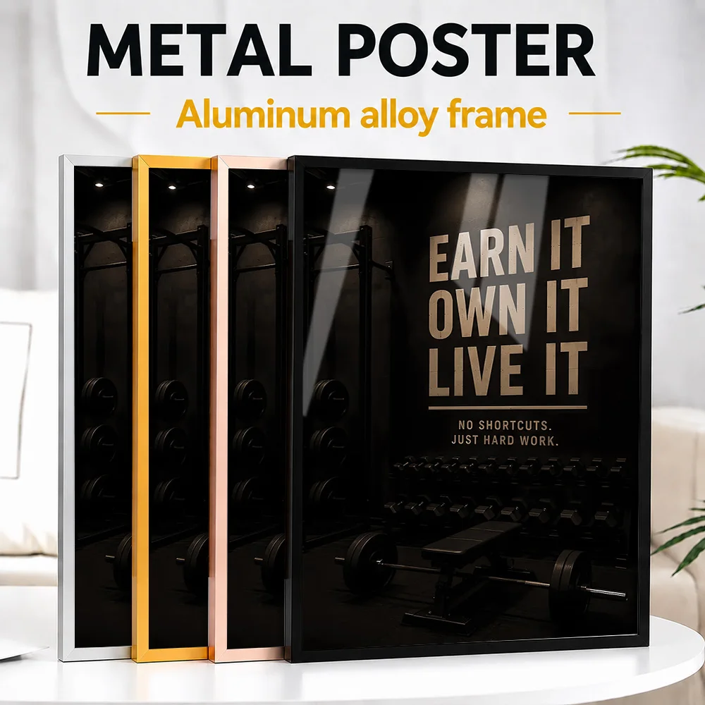 Earn It Own It Gym Motivation Framed Metal Poster Personalized Photo Inspirational Lettering Style Wall Art For Workout Studio