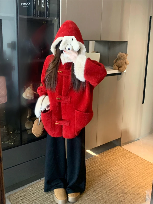 

plus Size Winter Hooded Jacket Women's Fashion Atmosphere Color Block Open Cardigan Coat Korean Style Long Sleeve Knitted Swe...