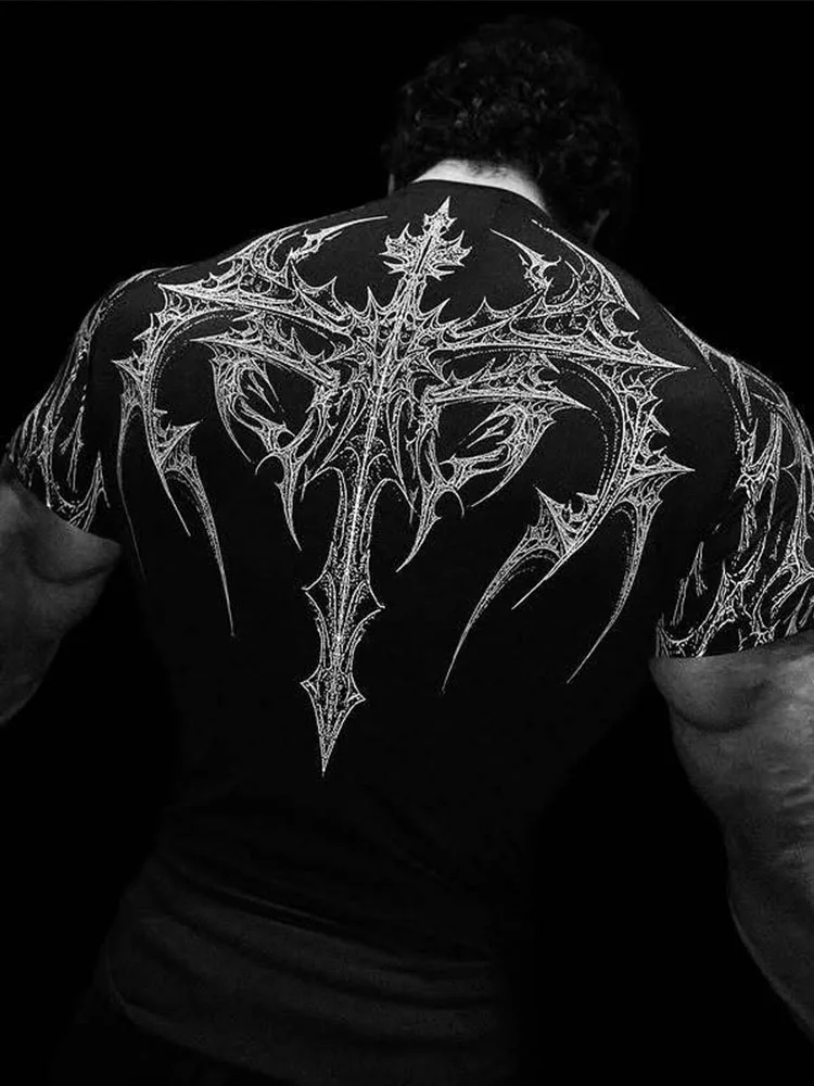 New Summer GYM T-shirt Men's Gothic Print Muscle Tee High Elasticity And Quick Drying Exercise For Bodybuilding Training T-shirt
