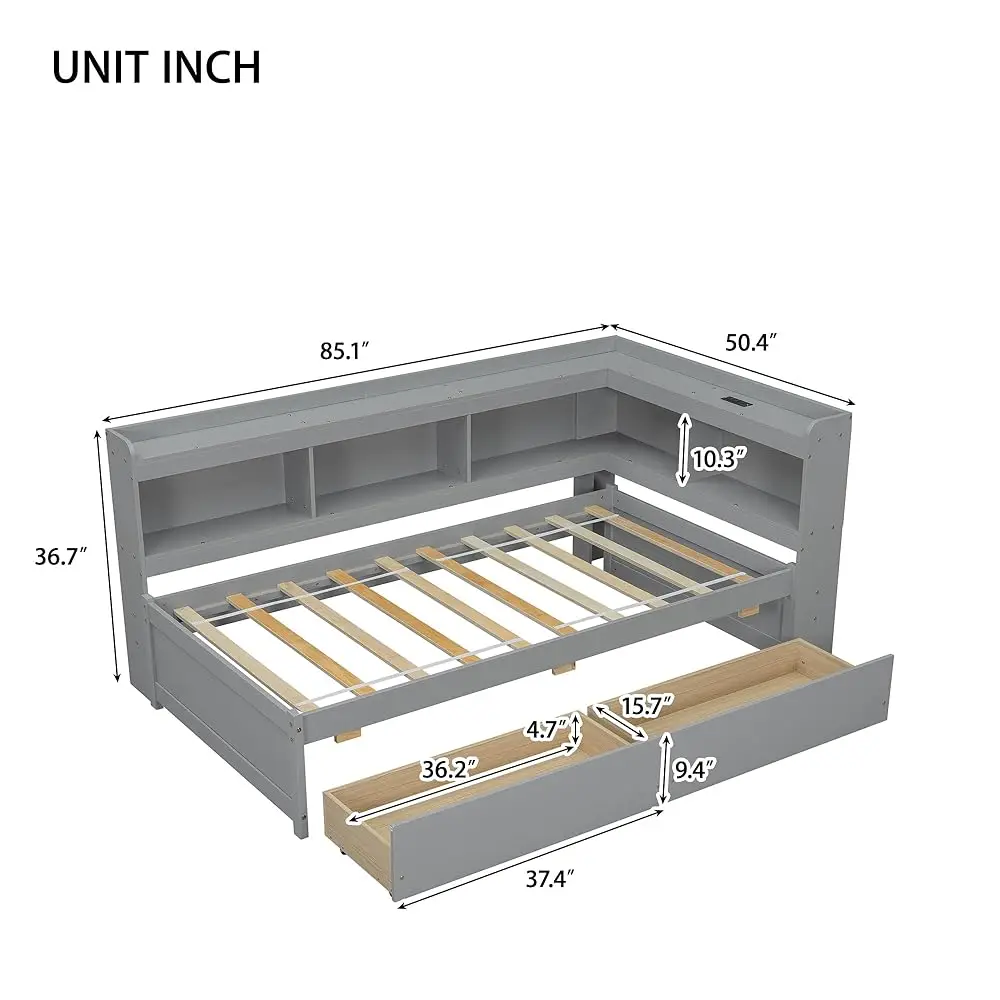 Daybed Sudut Berbentuk L Ukuran Kembar dengan Headboard Rak Buku, Tempat Tidur Captain dengan Laci Penyimpanan Di Bawah dan Port Usb untuk Anak-anak