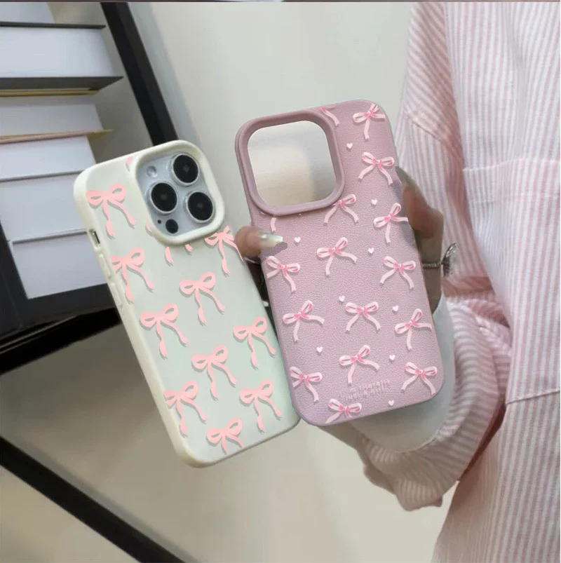 Pink Bowknot Case For POCO F7 Ultra F5 F6 M7 M6 X5 X6 X7 PRO X3 X4 GT Xiaomi 13T 14T 15T Pro 15 PU Leather Matte Cover