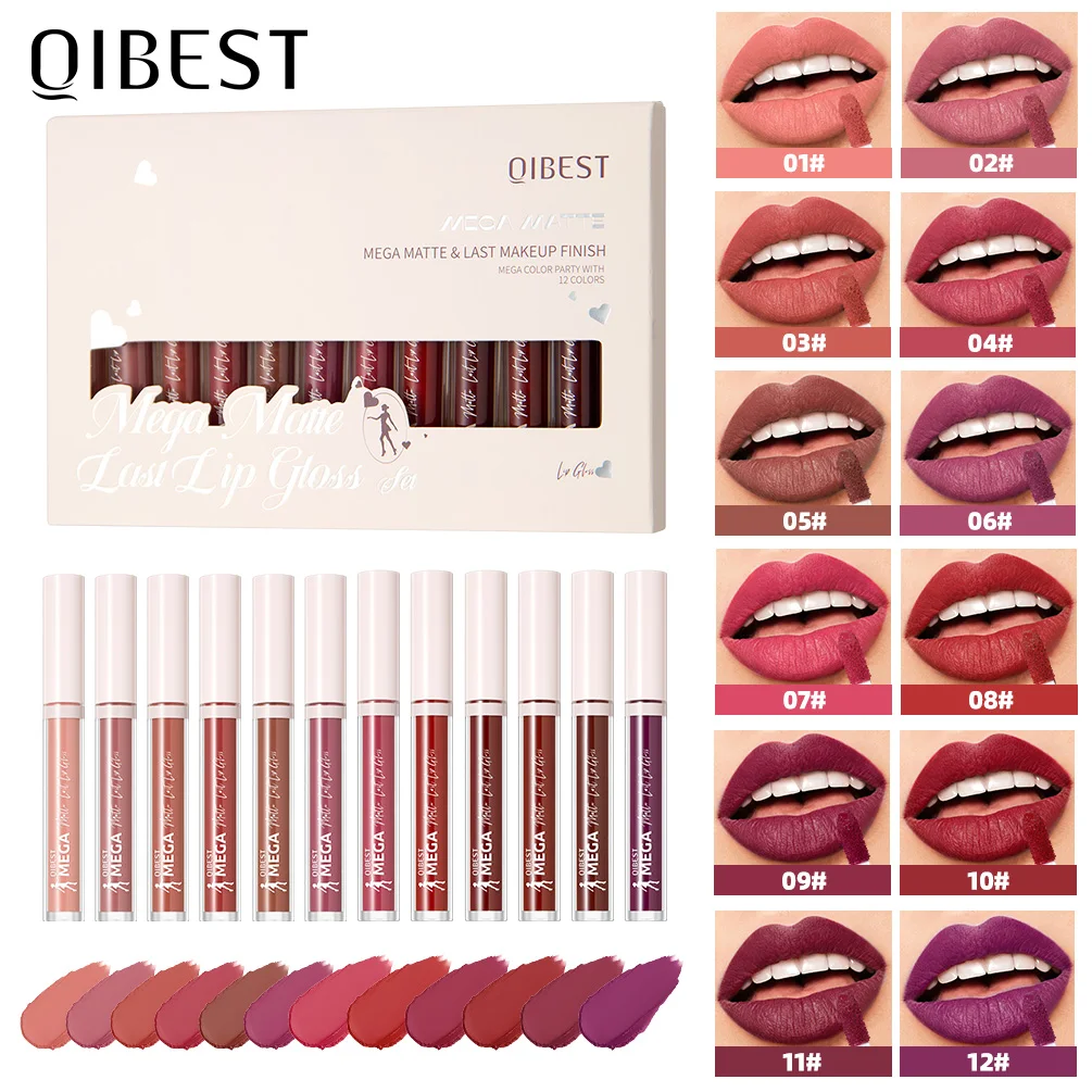 QIBEST 12-Farben-Matt-Lipgloss-Sets, wasserfest, langlebig, flüssiger Lippenstift, nackt, lila Lippenschlamm, Kosmetik-Sets, Lippenglasur-Tönung