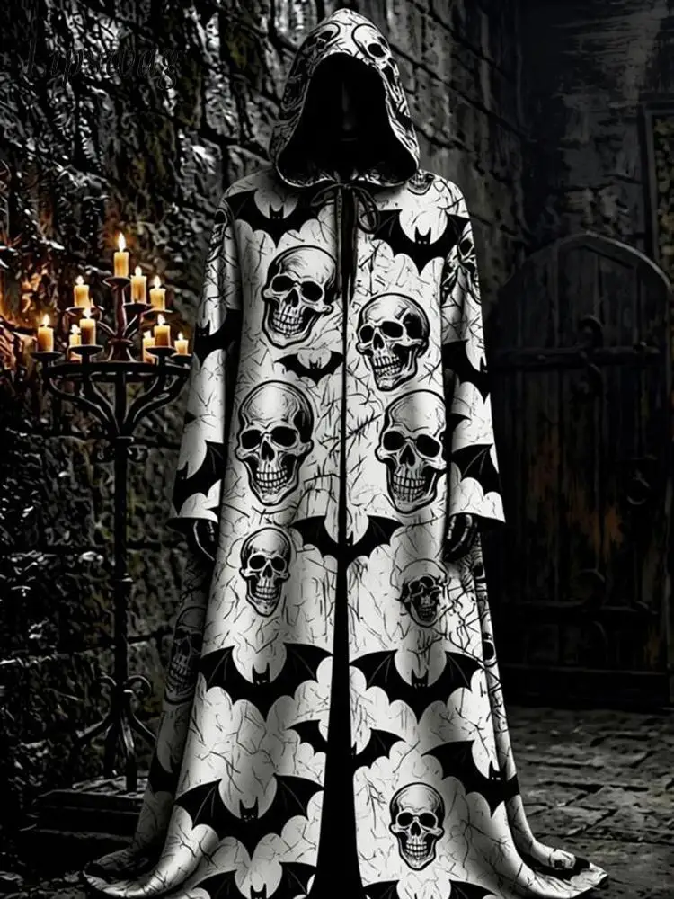 Streetwear Vintage Print Pattern Hooded Cloak Mens 2026 Autumn Warm Loose Outerwear Male Daily Outdoor Contrast Color Party Robe