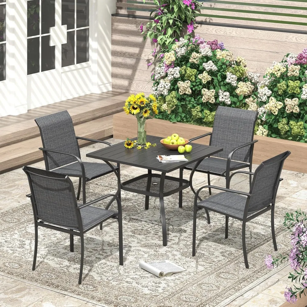 

5 Pieces Patio Table and Chairs Sets for 4, Outdoor Dining Set with 4 Stackable Dining Chairs and 37.8" x 37.8" Square Metal Din