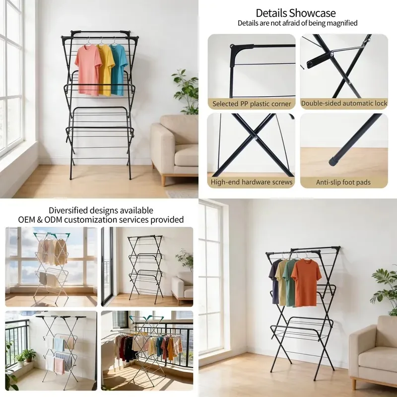 Customized Three Layer Foldable Hanging Laundry Rack Floor to Ceiling Multi Functional Towel Rack Portable Metal Drying Rack