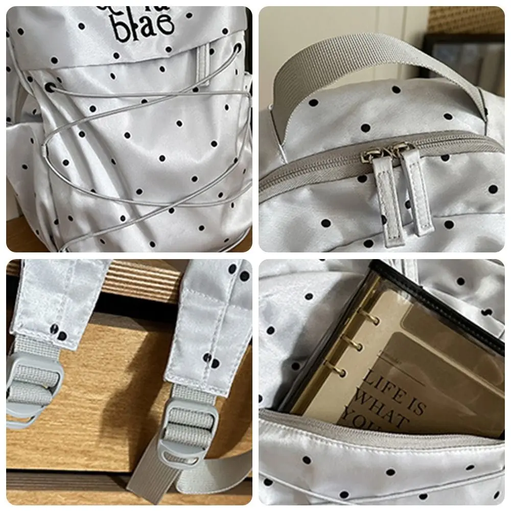 Nylon Material Polka Dot Backpack Lightweight Design Durable Construction Drawstring Rucksack Portable Size Large Capacity