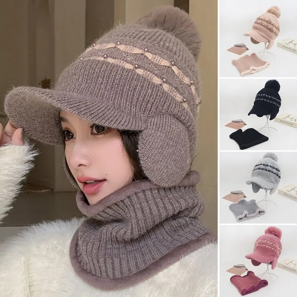 Cold-proof Beanie Hat Scarf Set Windproof Duck Bill Woolen Hat Beanies Caps Thicken Plus Velvet Scarf Warm Knit Hat