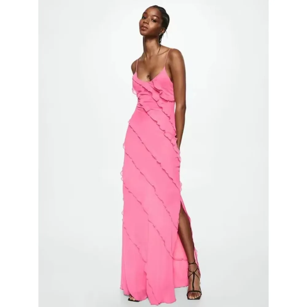 2025 موضة خارج على الكتف الخامس الرقبة فستان طويل المرأة الصيف الكشكشة المتتالية مثير عارية الذراعين أكمام شق شق فستان طويل