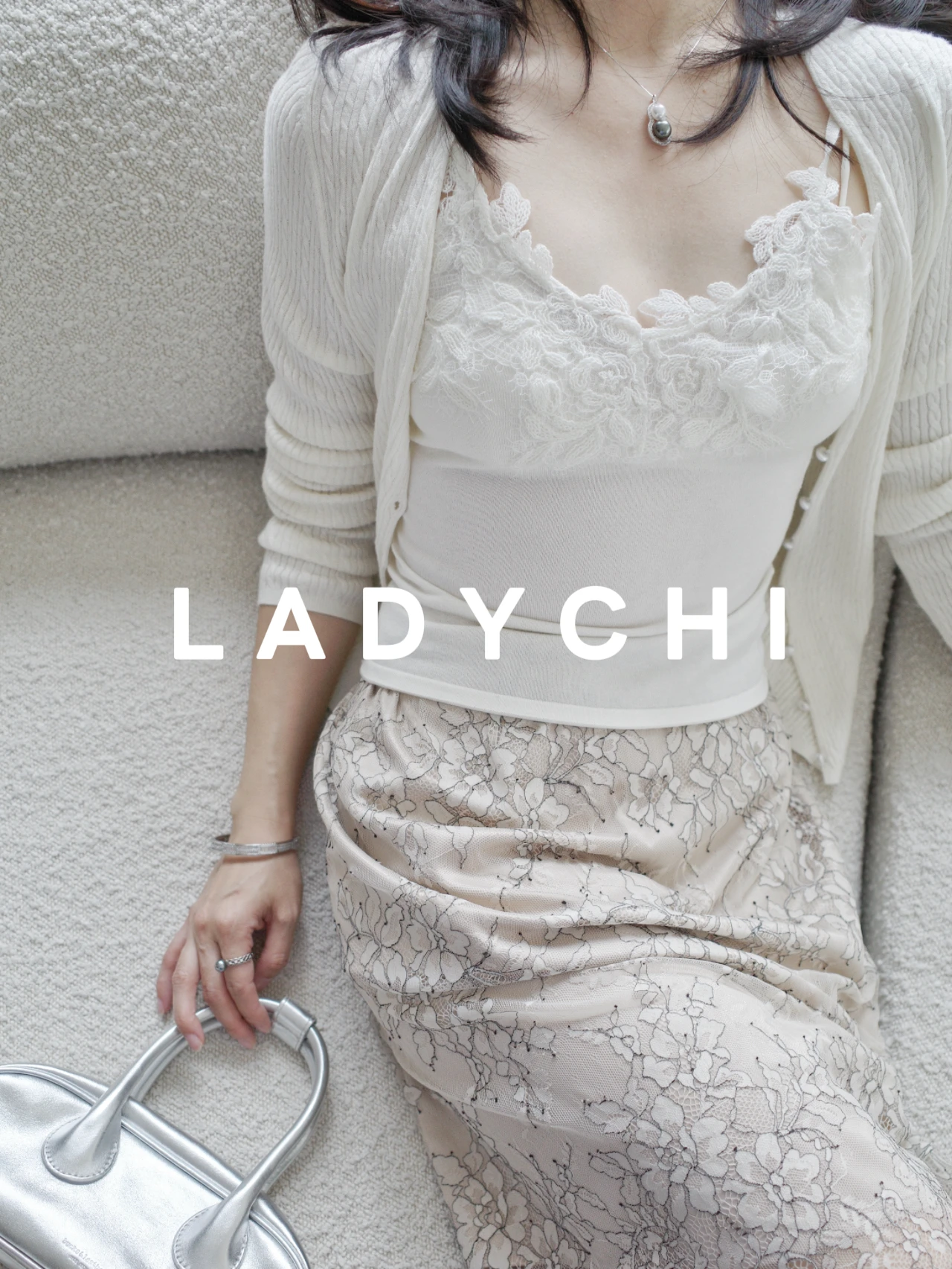 

LadyChi Luxury Soft Cashmere Knitted Slim Fit Cardigan Pearl Button Lace Strap Set Women's Spring Fashion High End Silk Wool ...